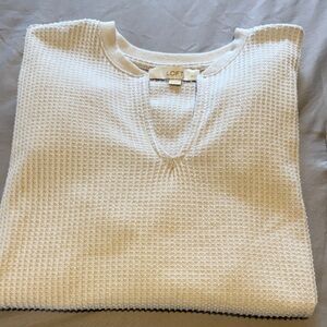 LOFT Cream Waffle-Knit V-Notch Pullover